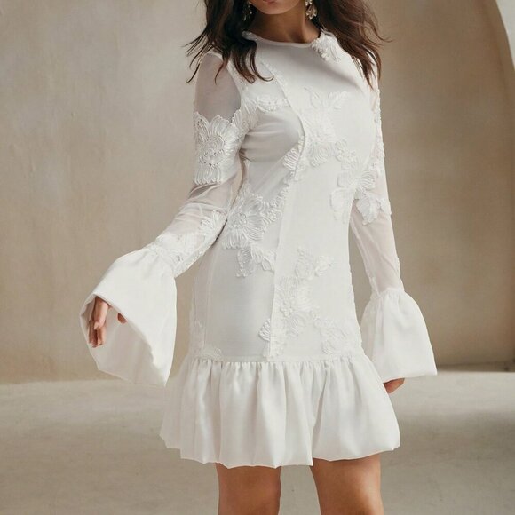 White Elegant Women's French Embroidered Fitted Floral Midi Dress - Picture 5 of 7